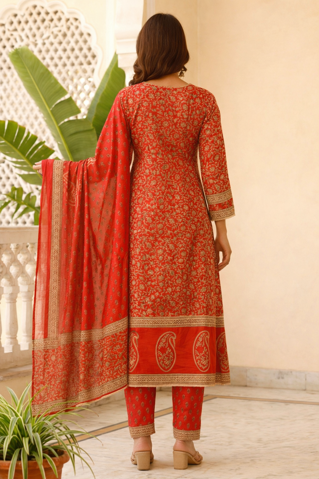 vibrant red cotton floral handblock sangneri angrakha style kurta set with dupatta
