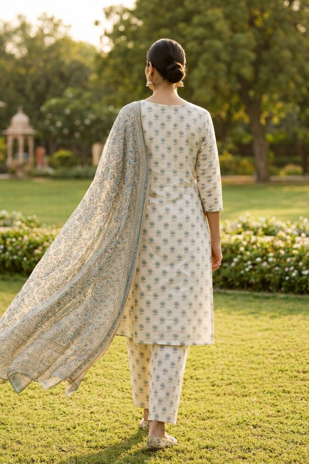 ivory cotton kurta set with teal bagru print paired with the dupatta