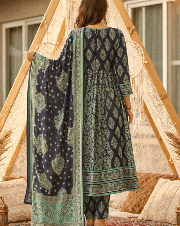 navy blue sangneri print cotton lawn suit set with a coordinated dupatta