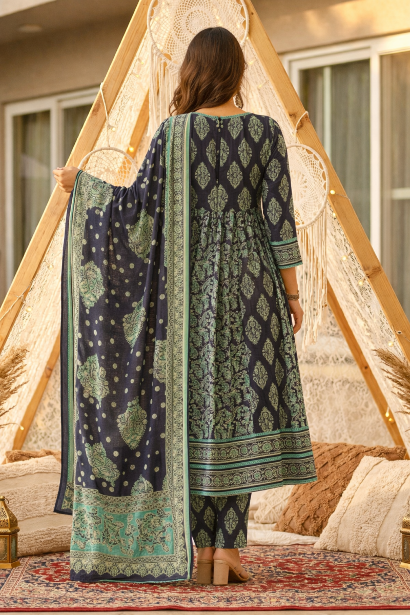 navy blue sangneri print cotton lawn suit set with a coordinated dupatta