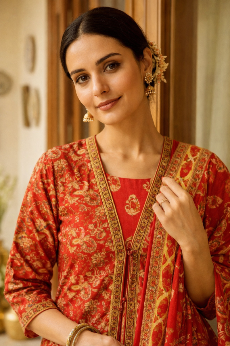 red front open bagru print cotton anarkali kurta set with dupatta