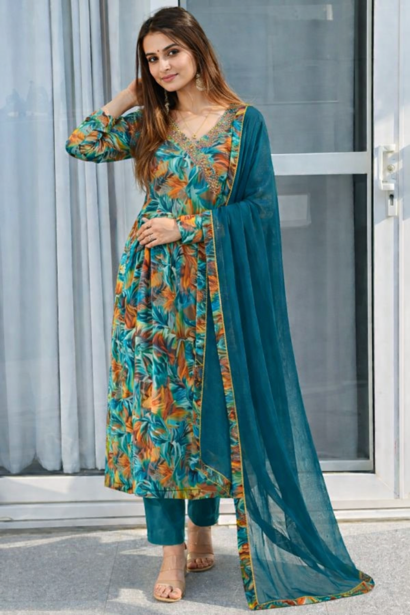 cotton mix tropical print suit set with dupatta