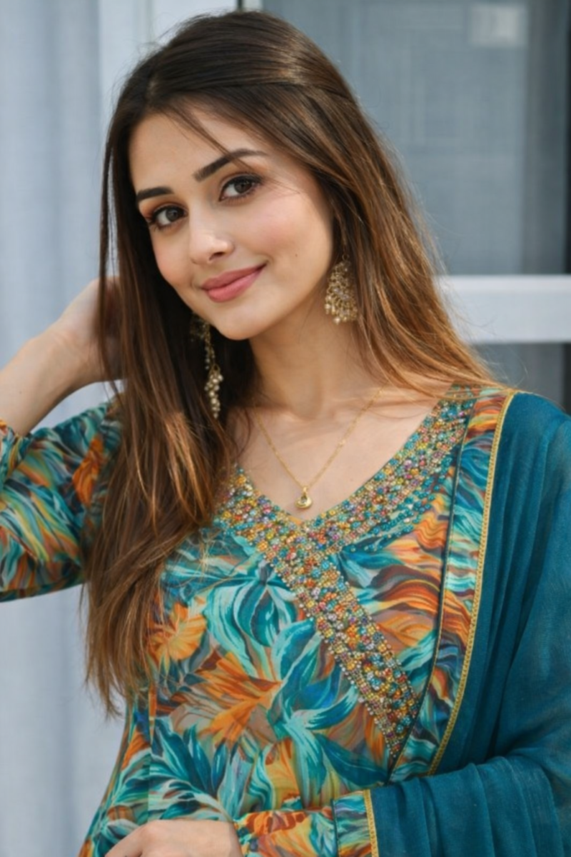 cotton mix tropical print suit set with dupatta