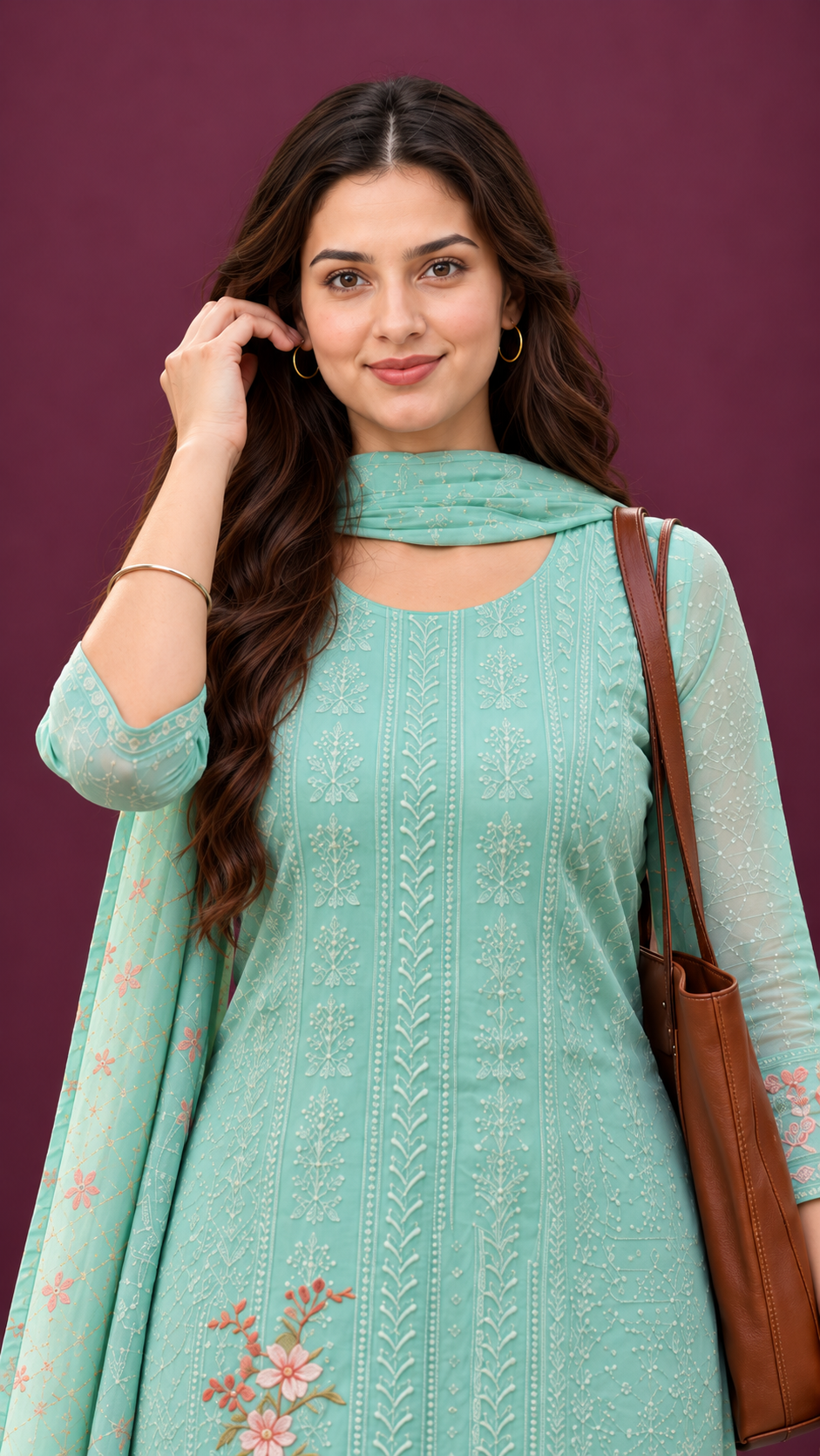 Unstitched Soft Aqua Blue Chiffon Suit With Tonal Thread Embroidery And Subtle Floral Digital Print Highlights - Image 5