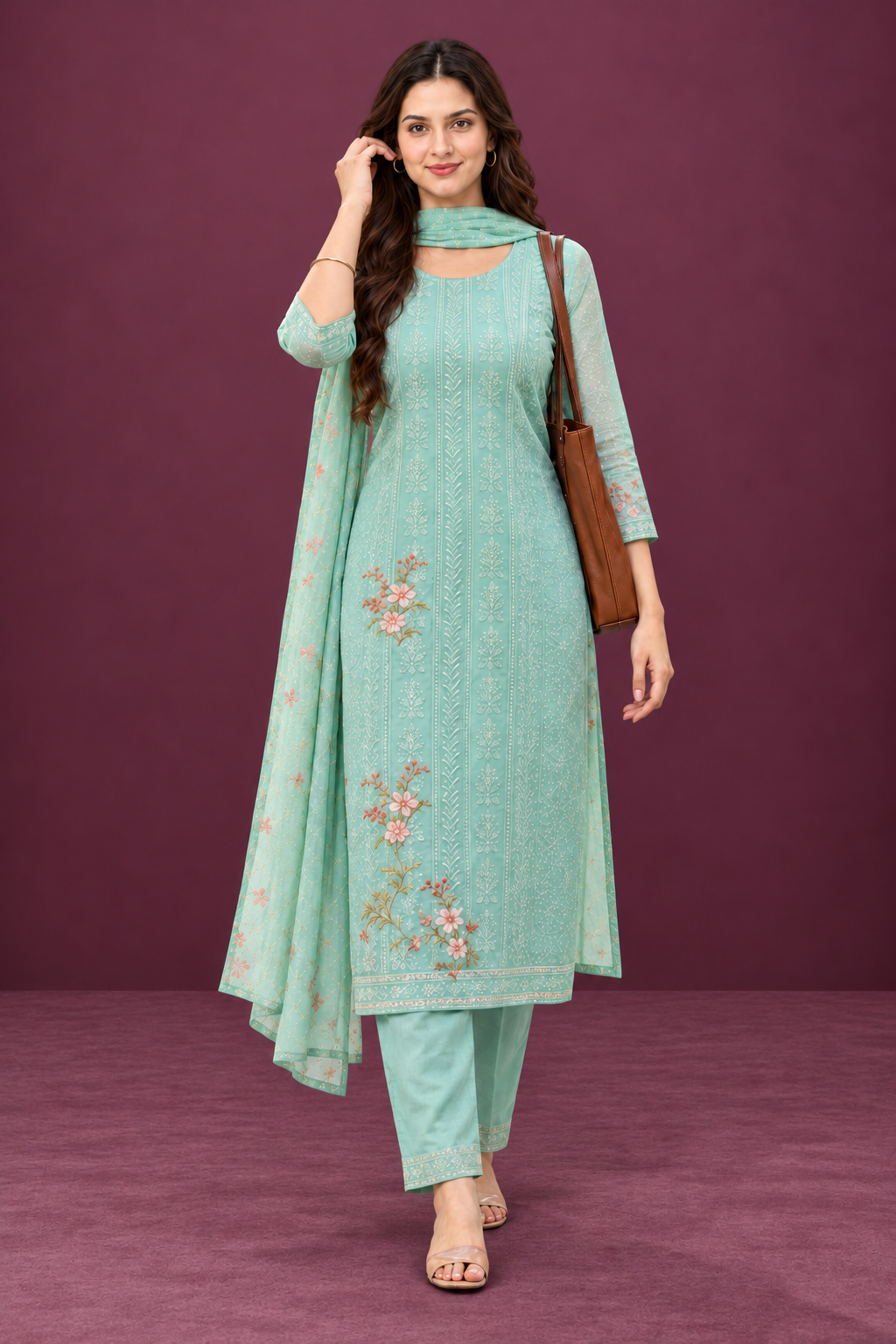 Unstitched Soft Aqua Blue Chiffon Suit With Tonal Thread Embroidery And Subtle Floral Digital Print Highlights - Image 4