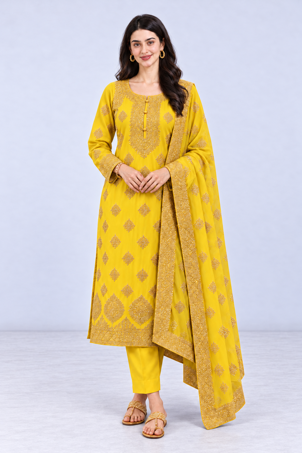 Semi-Stitched Fresh Lime-Yellow Ornate Golden Zari And Sequin Work Tissue Silk Suit With Dupatta - Image 4