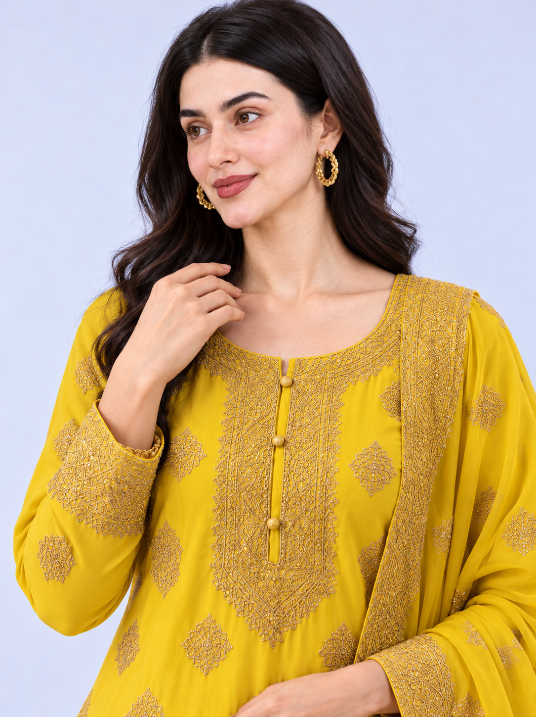 Semi-Stitched Fresh Lime-Yellow Ornate Golden Zari And Sequin Work Tissue Silk Suit With Dupatta - Image 5