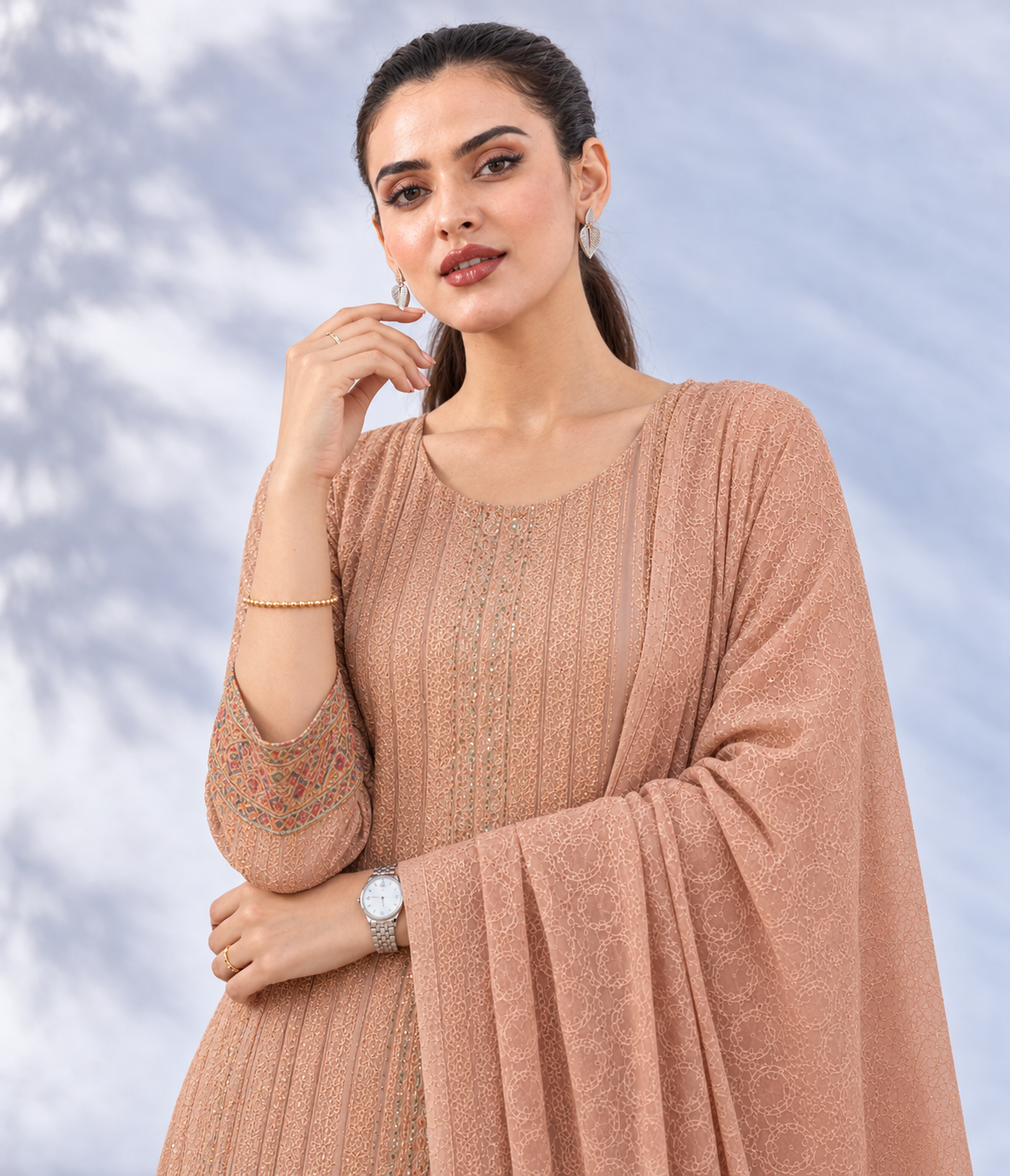 Dusty Rose Unstitched Textured Jacquard Chiffon With Resham And Sequin Work Suit Set With Dupatta - Image 5