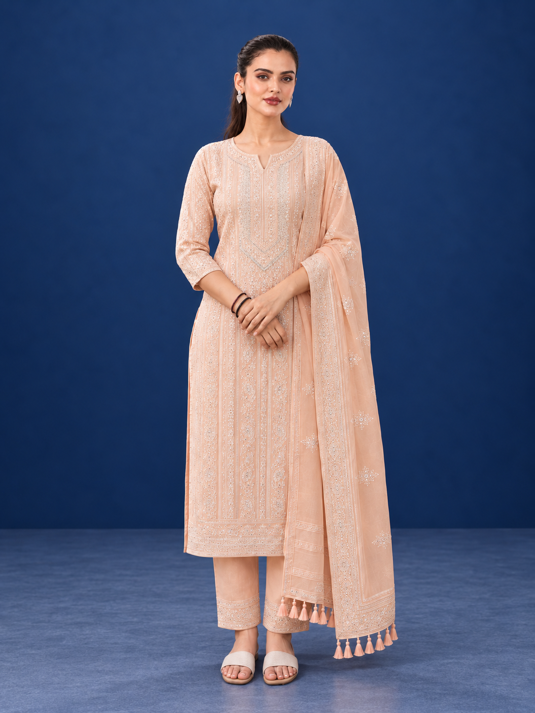 Unstitched Soft Peach Georgette Suit With Ivory Resham Embroidery And Subtle Sequin Highlights - Image 4