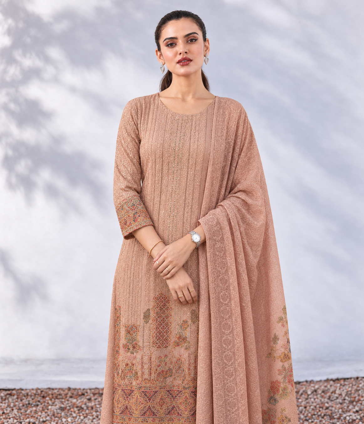 Dusty Rose Unstitched Textured Jacquard Chiffon With Resham And Sequin Work Suit Set With Dupatta - Image 4