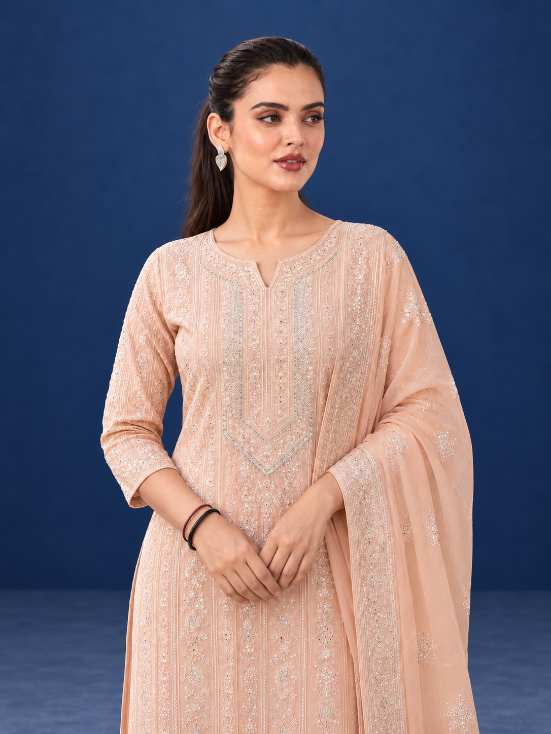 Unstitched Soft Peach Georgette Suit With Ivory Resham Embroidery And Subtle Sequin Highlights - Image 5