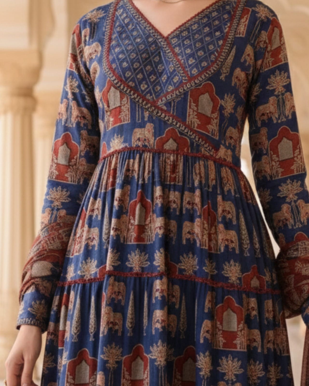 indigo blue & rust red anarkali ajrakh cotton kurta set paired with dupatta