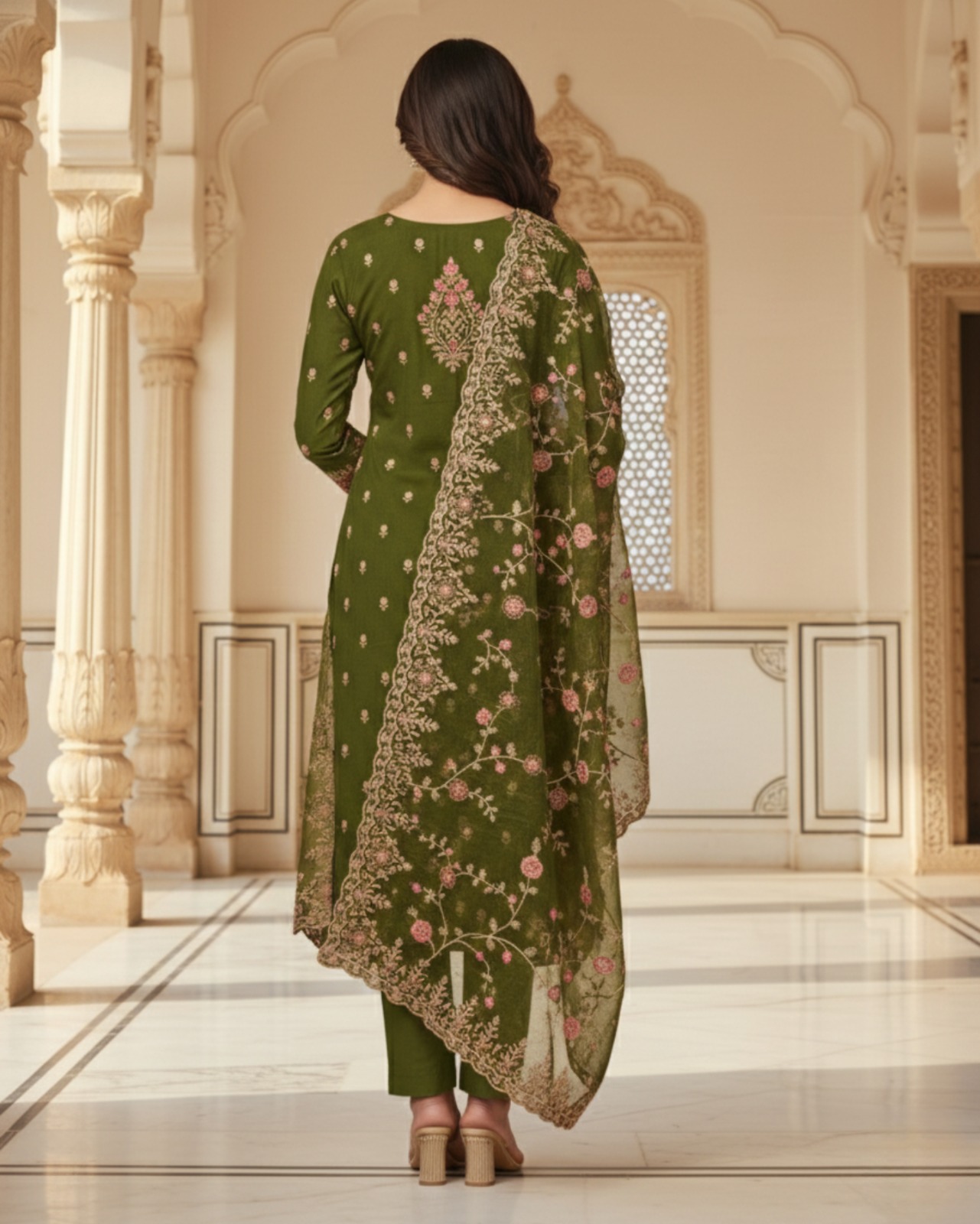 semi stitched soft georgette in deep olive with zari embroidery suit material