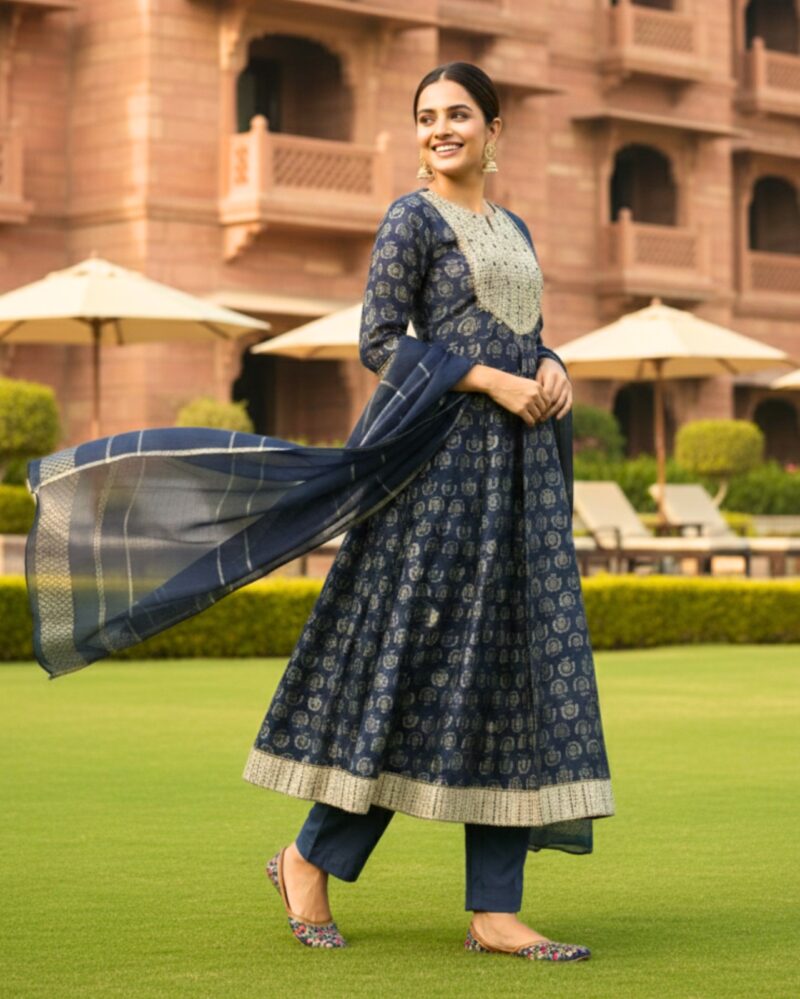 navy blue printed cotton kurta set with matching dupatta