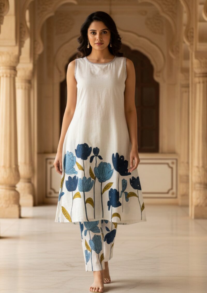 white handpainted pink floral motifs cotton co ord set