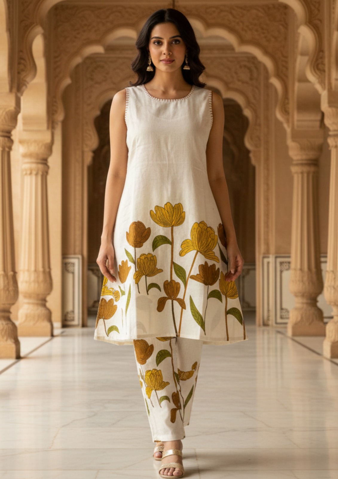 white handpainted pink floral motifs cotton co ord set