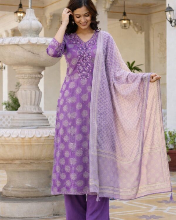 Lavender Cotton Bagru Handblock Kurta Set With Matching Dupatta