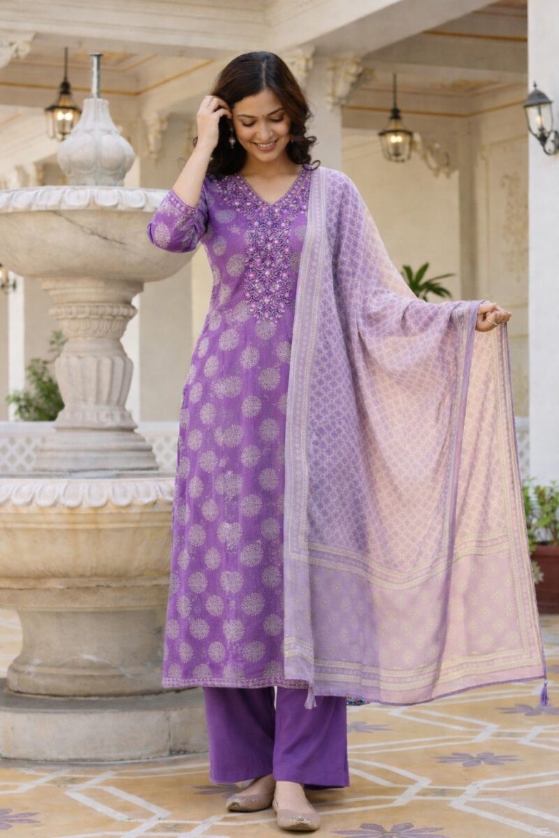 Lavender Cotton Bagru Handblock Kurta Set With Matching Dupatta