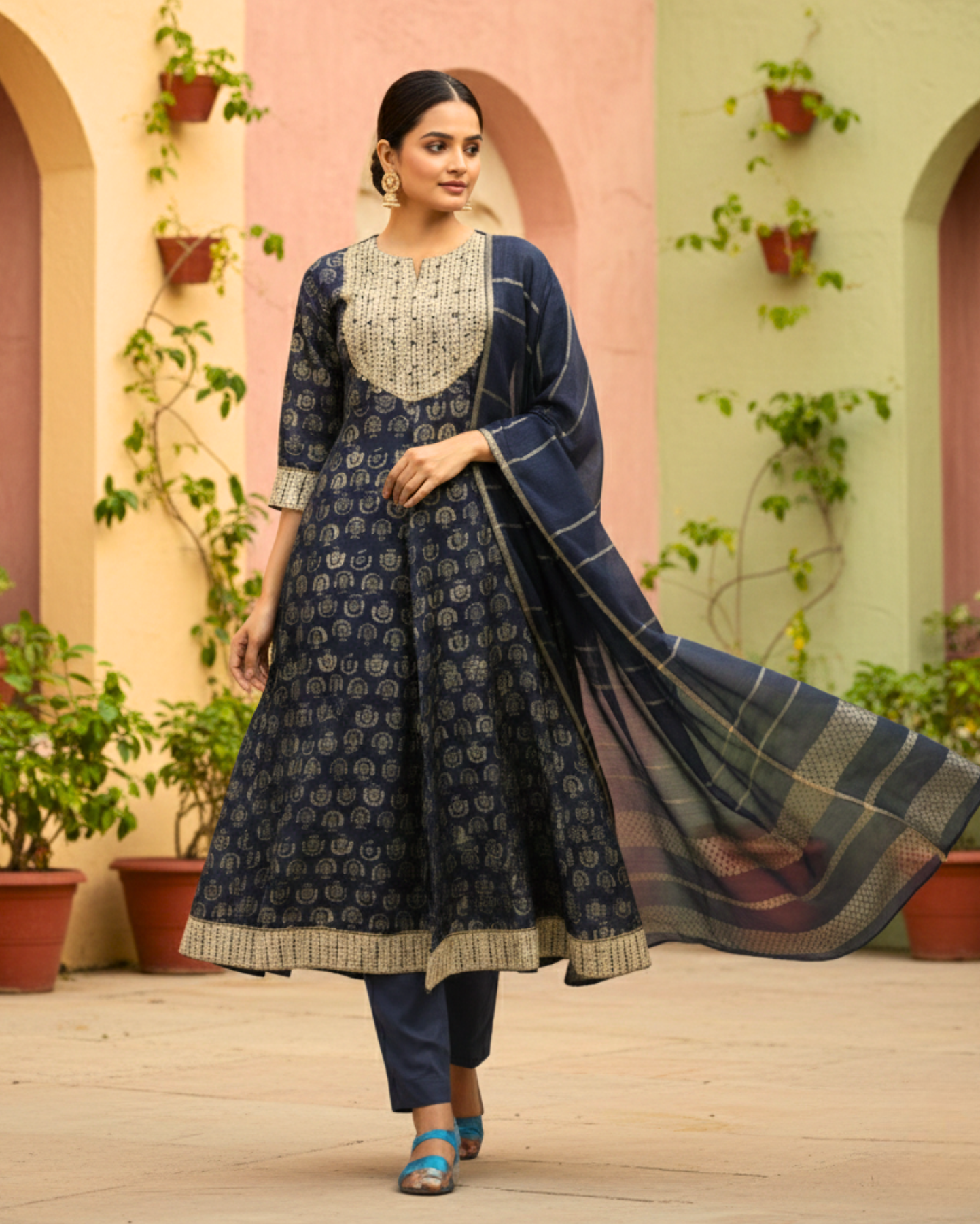 navy blue printed cotton kurta set with matching dupatta