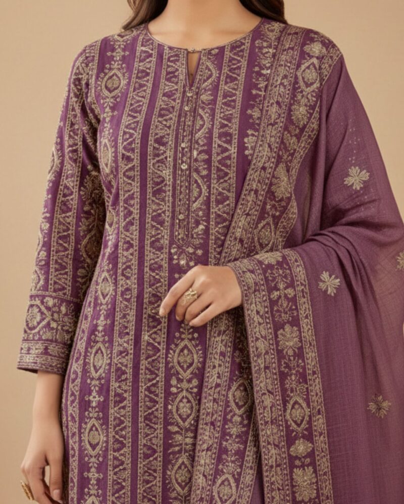 unstitched dusty mauve purple viscose georgette fabric adorned with delicate ivory thread embroidered suit material
