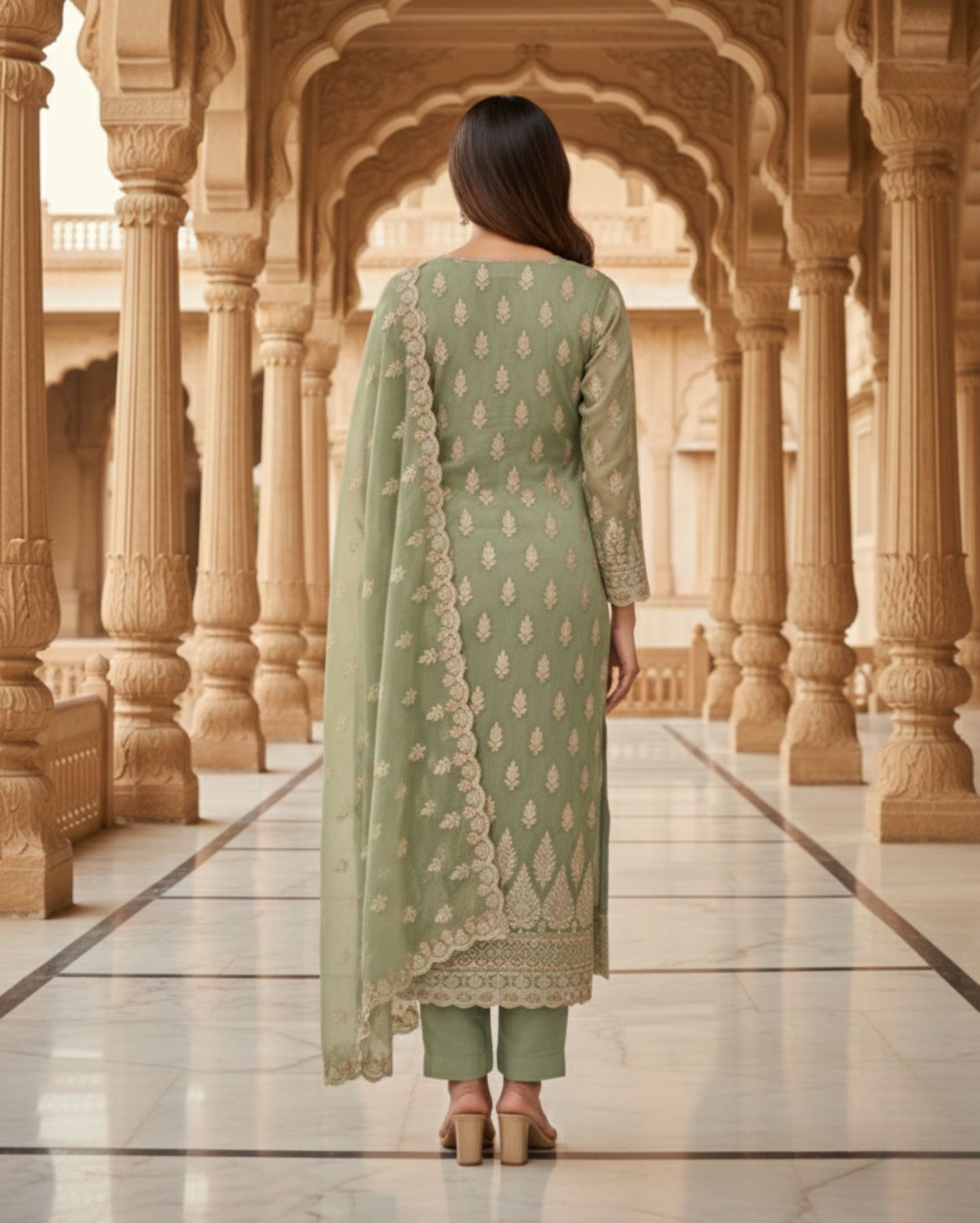 semi stitched sea green soft georgette suit with ivory sequin tree motifs