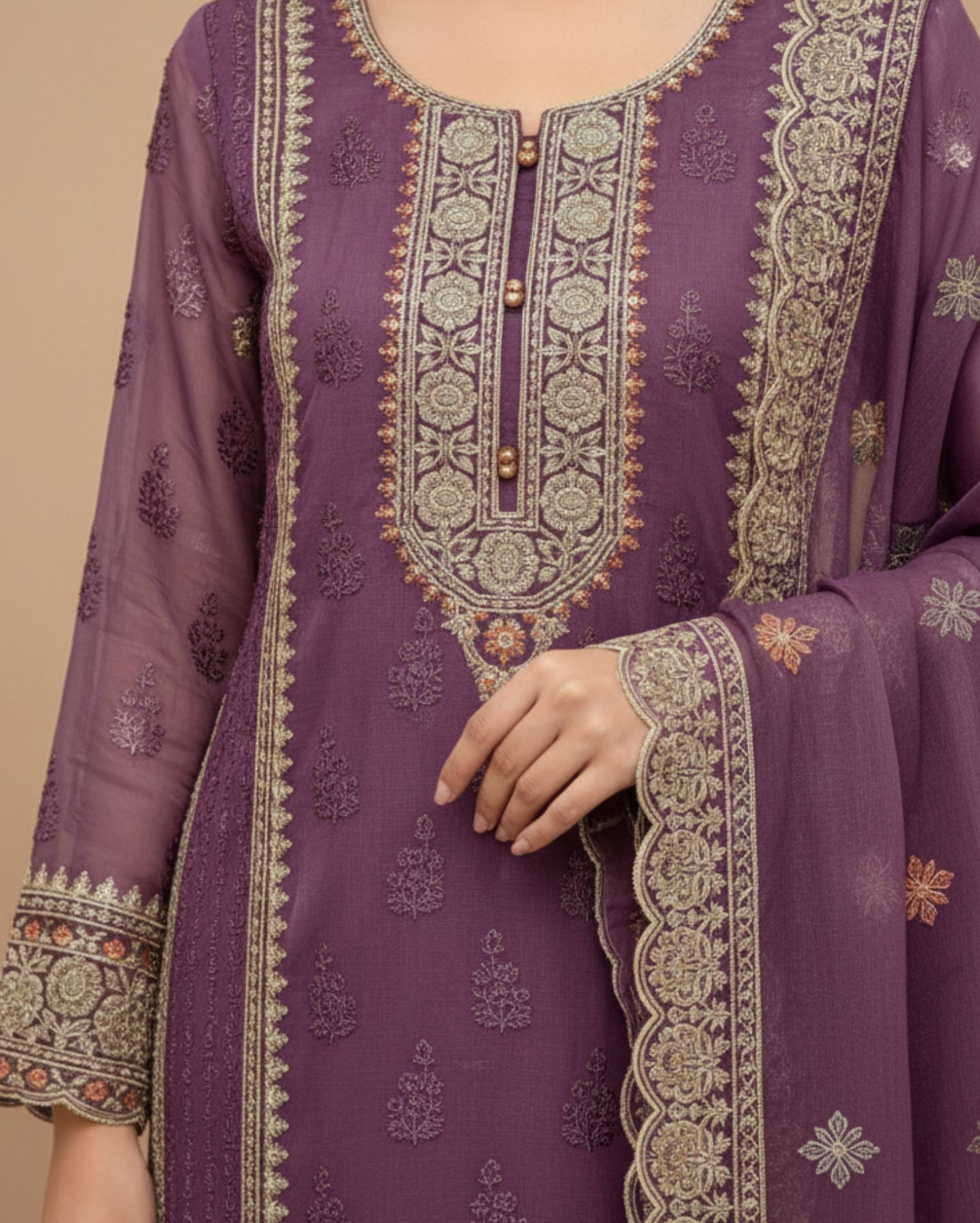 plum purple semi stitched with multicolour embroidery lightweight organza suit set with dupatta