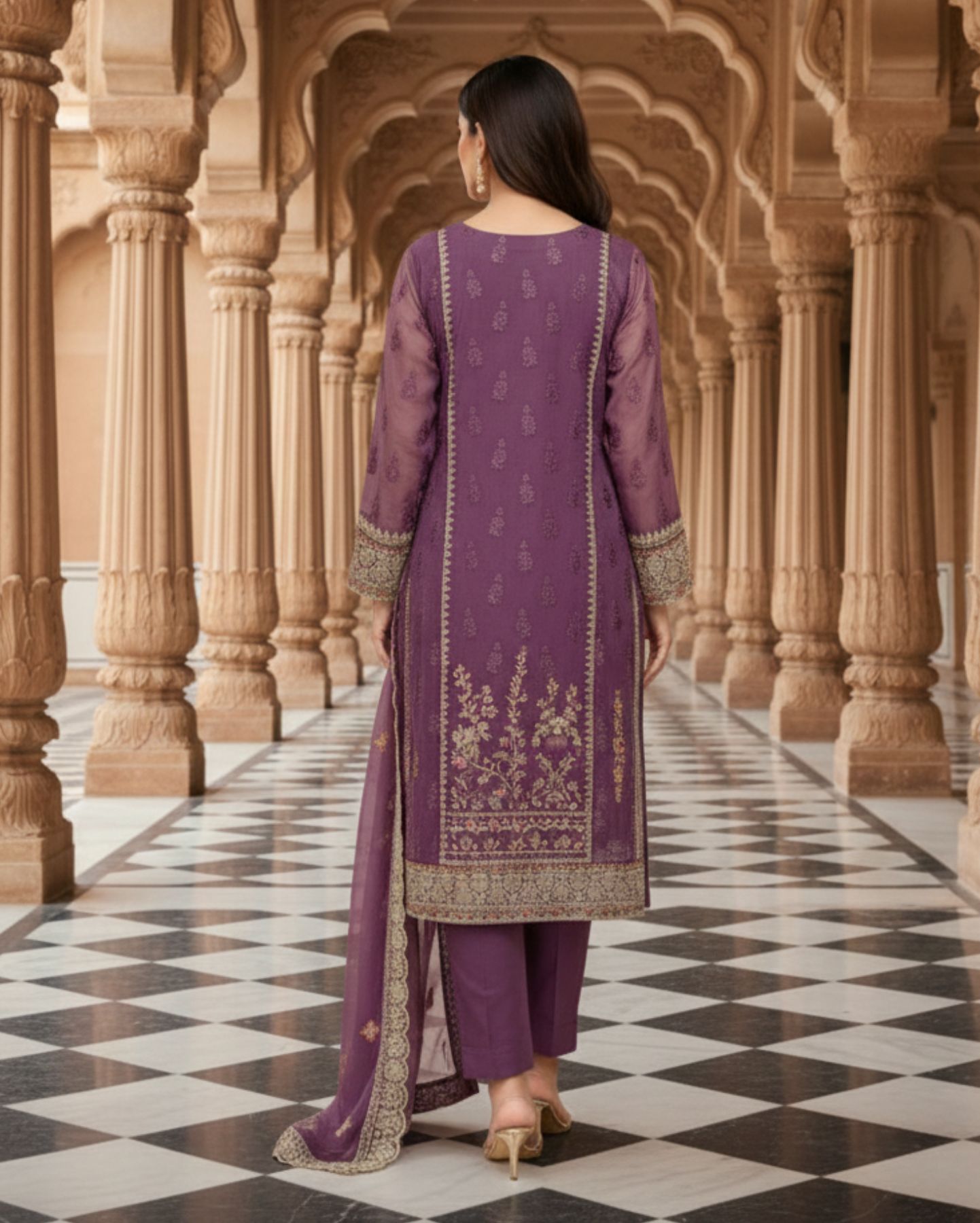 plum purple semi stitched with multicolour embroidery lightweight organza suit set with dupatta