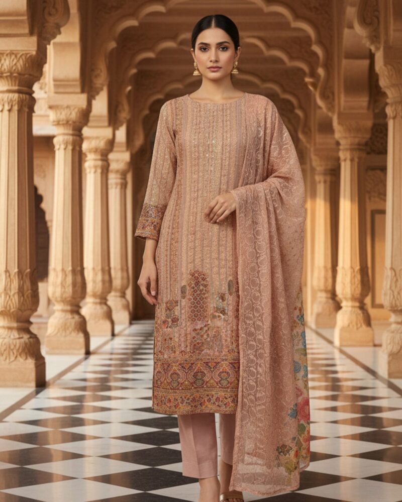 dusty rose unstitched textured jacquard chiffon with resham and sequin work suit set with dupatta
