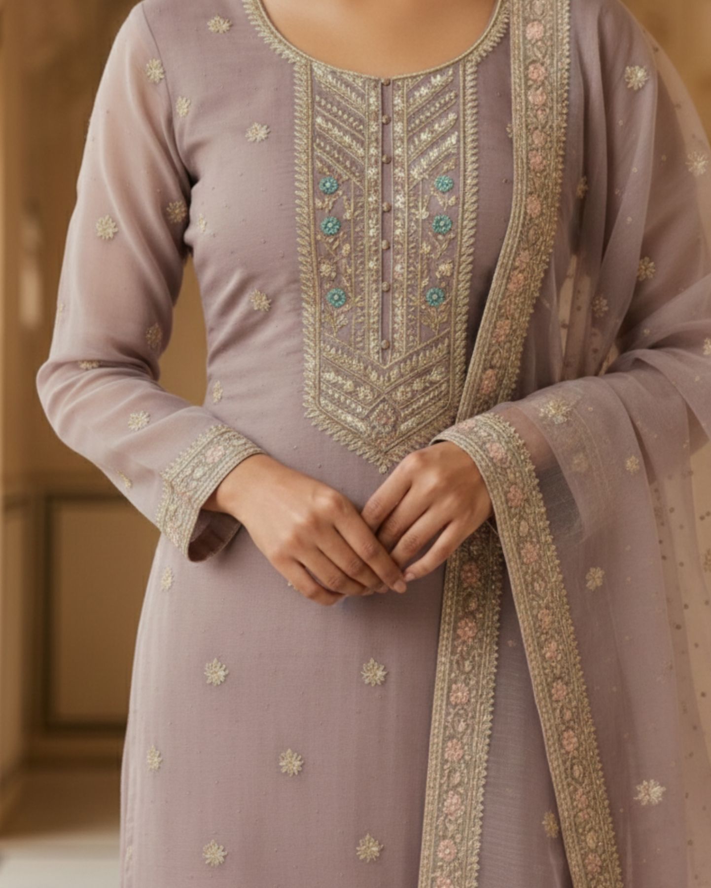 semi stitched soft blush pink with delicate work suit material