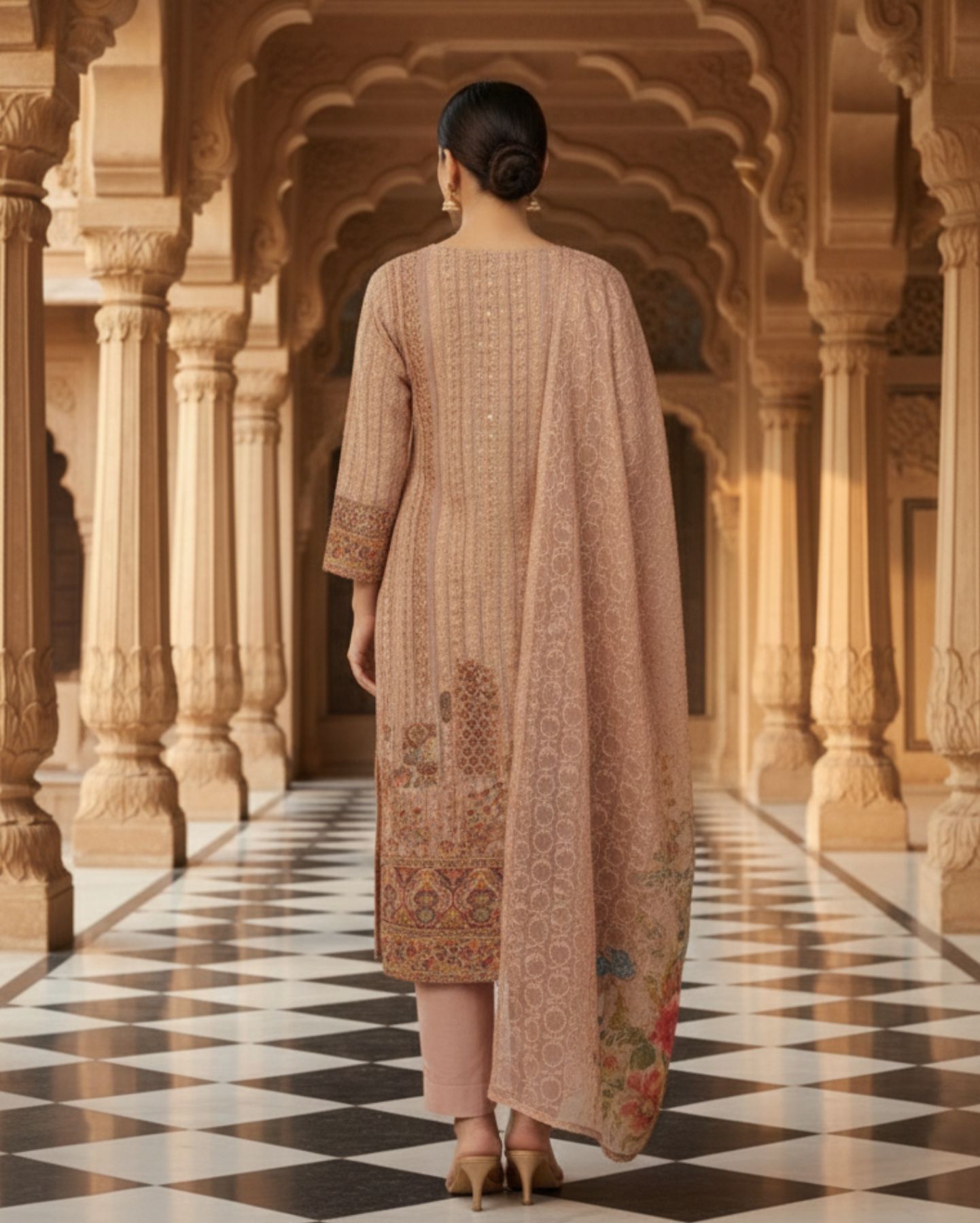 dusty rose unstitched textured jacquard chiffon with resham and sequin work suit set with dupatta