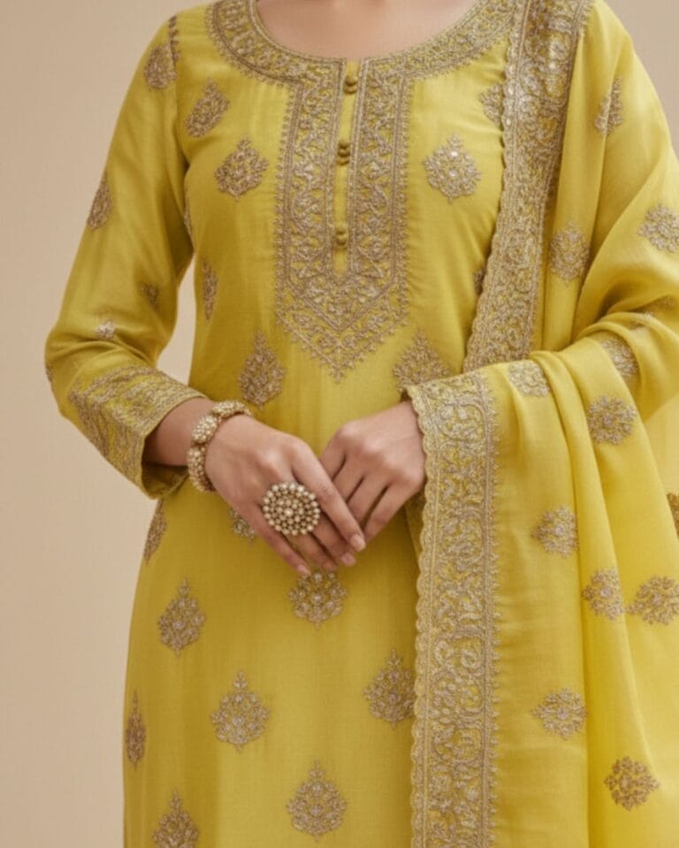 semi stitched fresh lime yellow ornate golden zari and sequin work tissue silk suit with dupatta