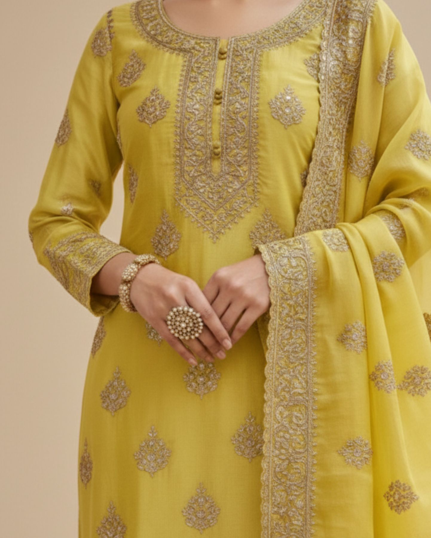 semi stitched fresh lime yellow ornate golden zari and sequin work tissue silk suit with dupatta