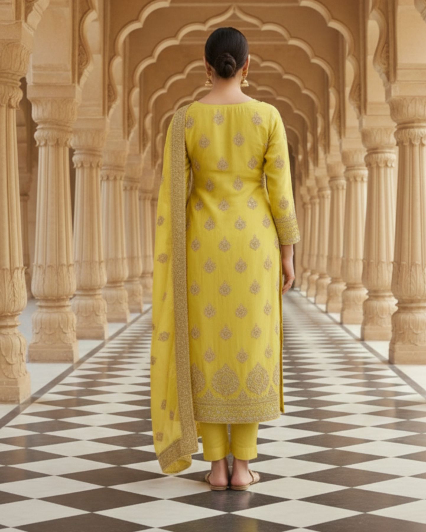 semi stitched fresh lime yellow ornate golden zari and sequin work tissue silk suit with dupatta