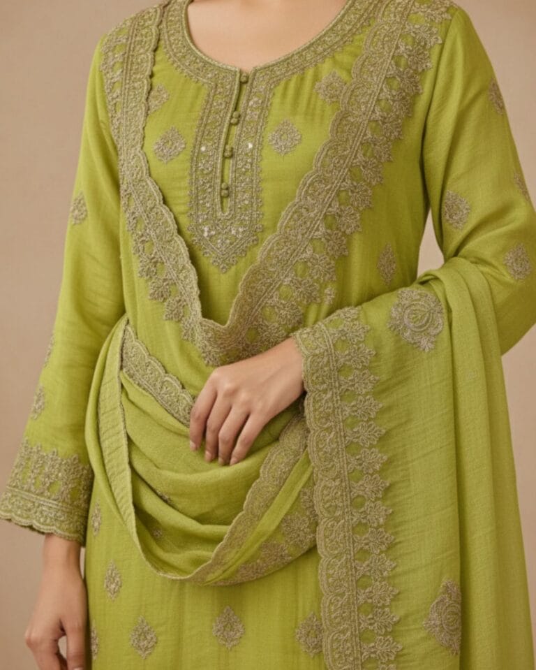 semi stitched glossy olive silk rayon with intricate zari embroidery suit material