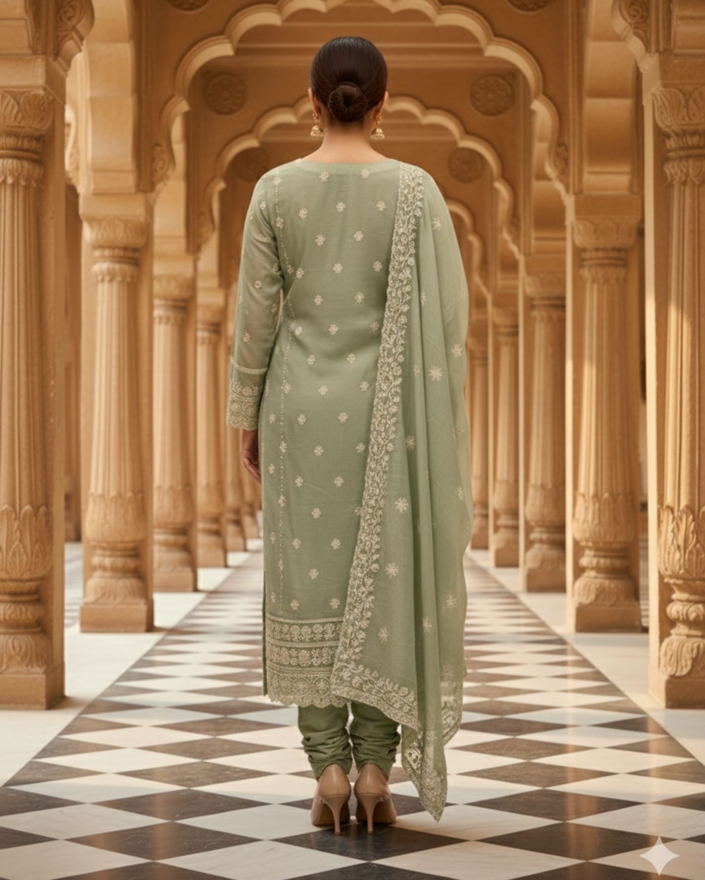 semi stitched soft pastel mint green organza suit with intricate white thread and golden sequin embroidery