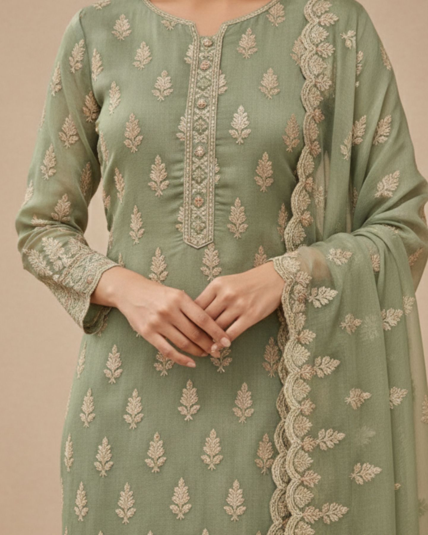 semi stitched sea green soft georgette suit with ivory sequin tree motifs