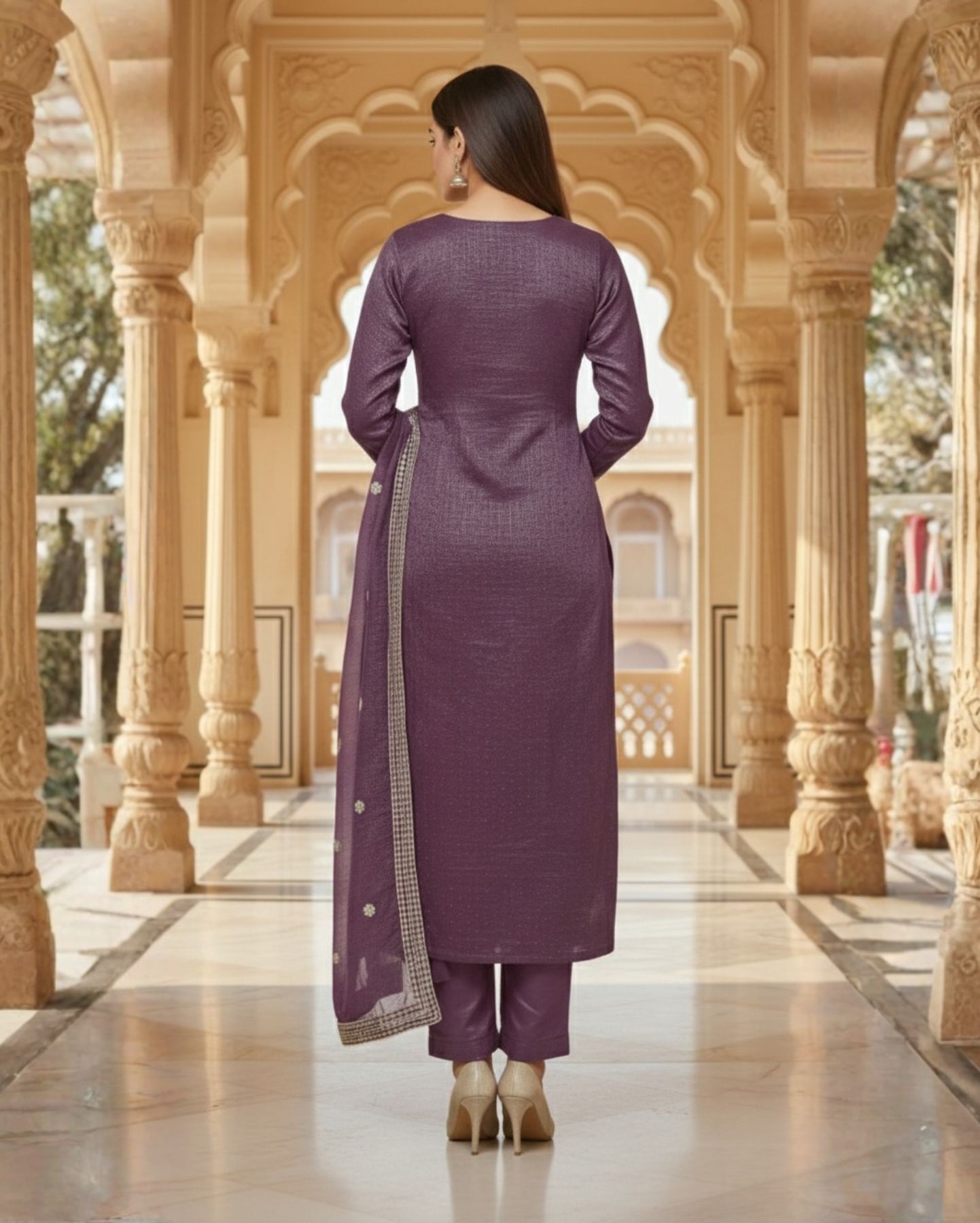 semi stitched plum purple organza suit featuring fine zari and sequin embroidery