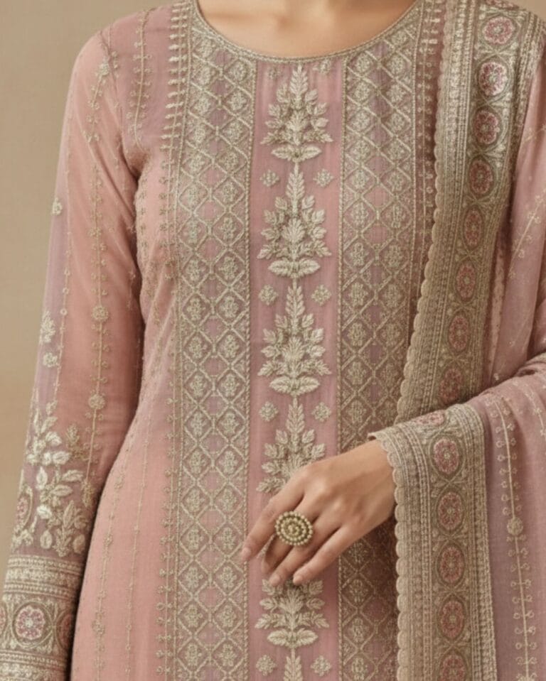 unstitched soft blush pink organza with intricate ivory and gold threadwork embroidery suit material