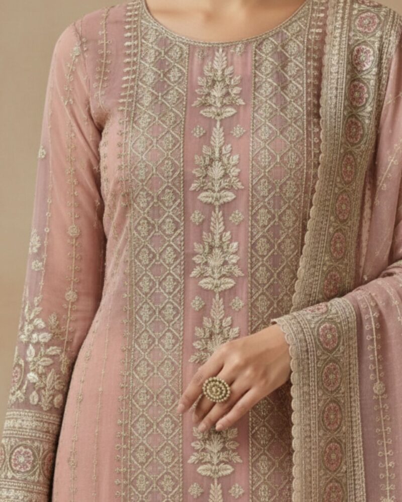 unstitched soft blush pink organza with intricate ivory and gold threadwork embroidery suit material