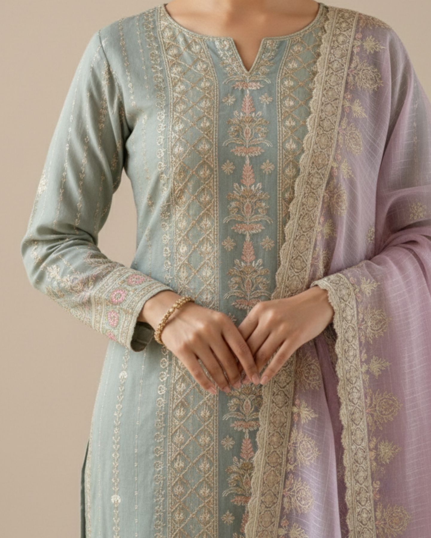 unstitched blush pink organza suit with ivory gold floral embroidery suit material