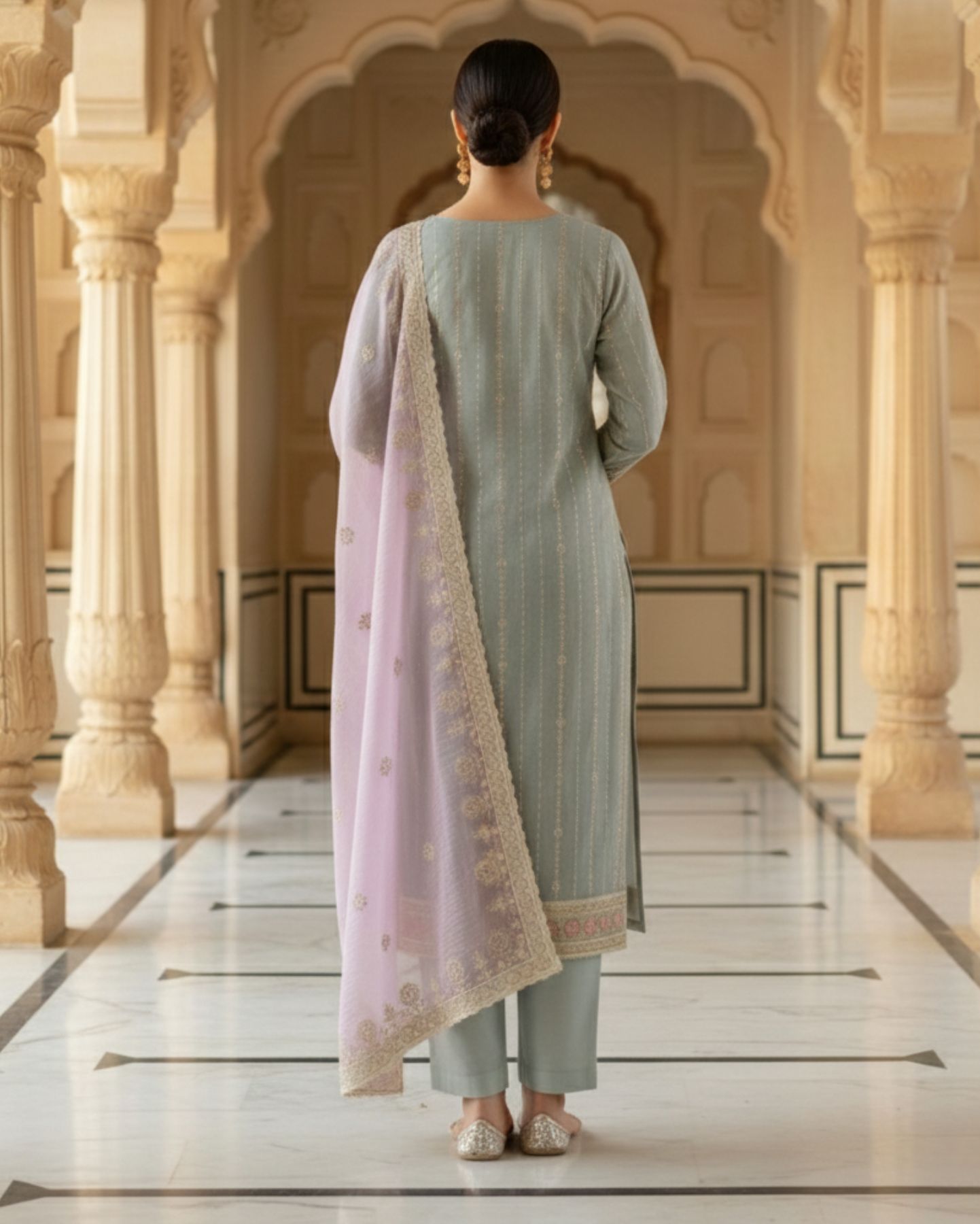 unstitched blush pink organza suit with ivory gold floral embroidery suit material