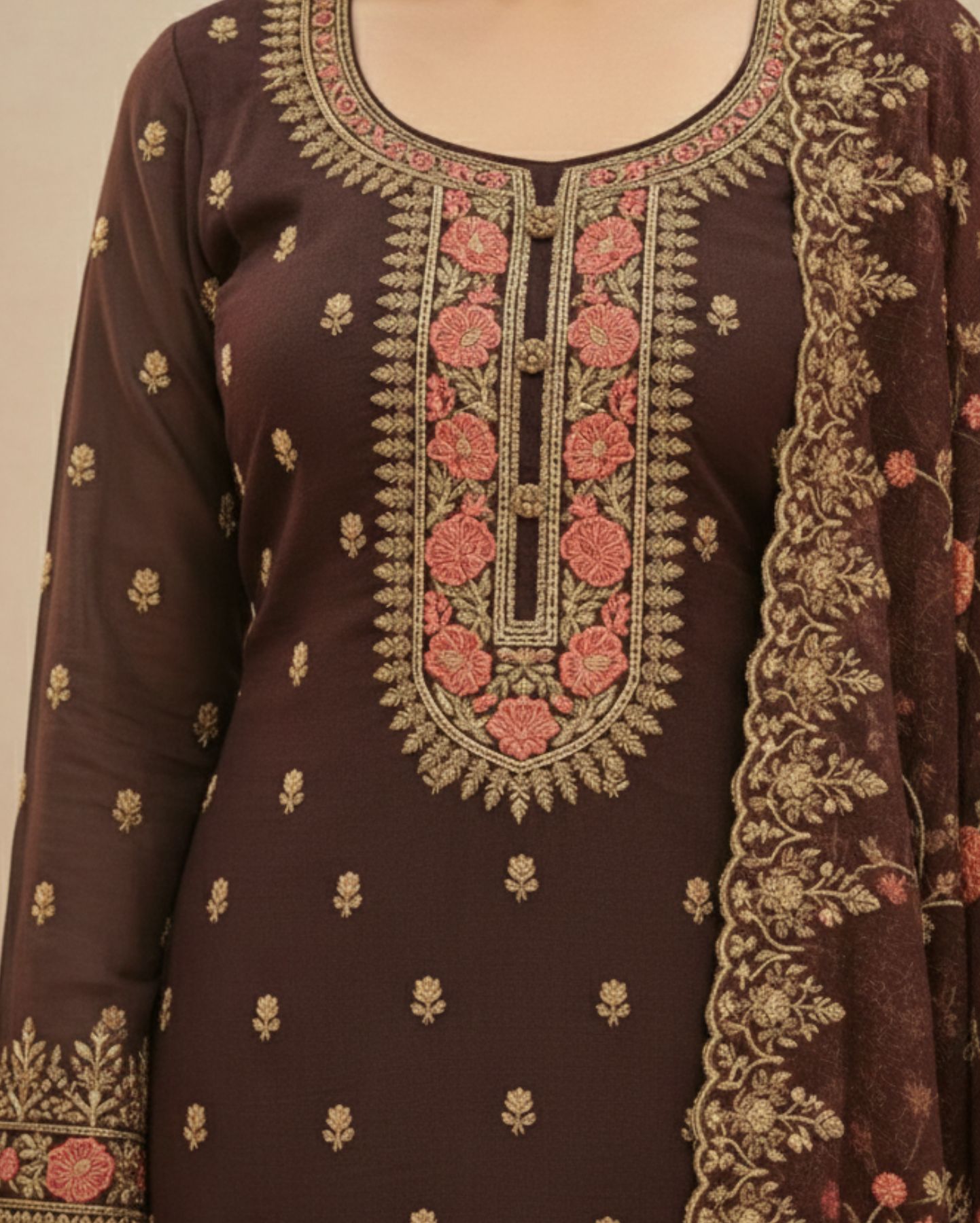 semi stitched dark purple georgette with ornate embroidery suit material