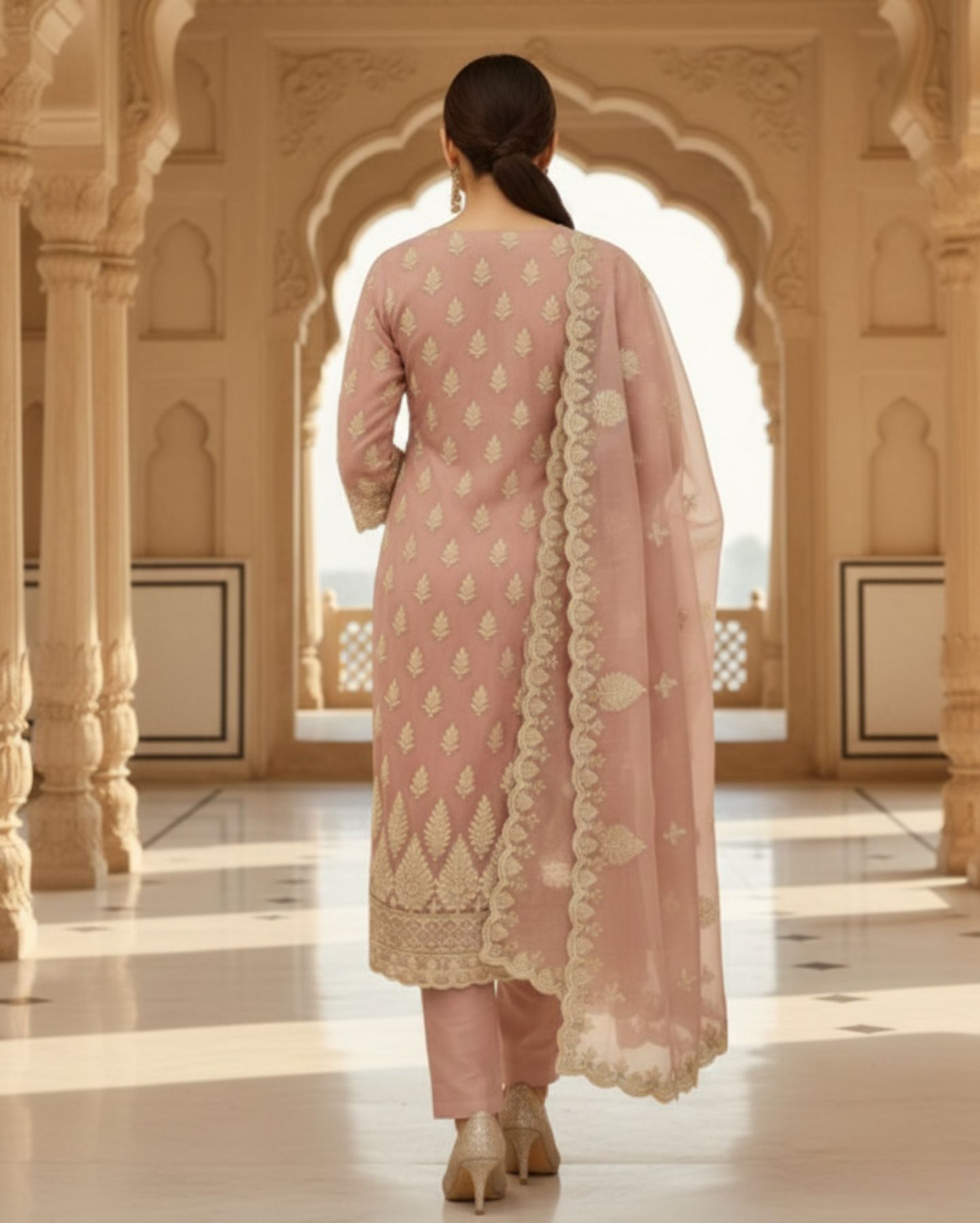 semi stitched dusty rose organza with delicate ivory thread and sequin floral motifs suit material