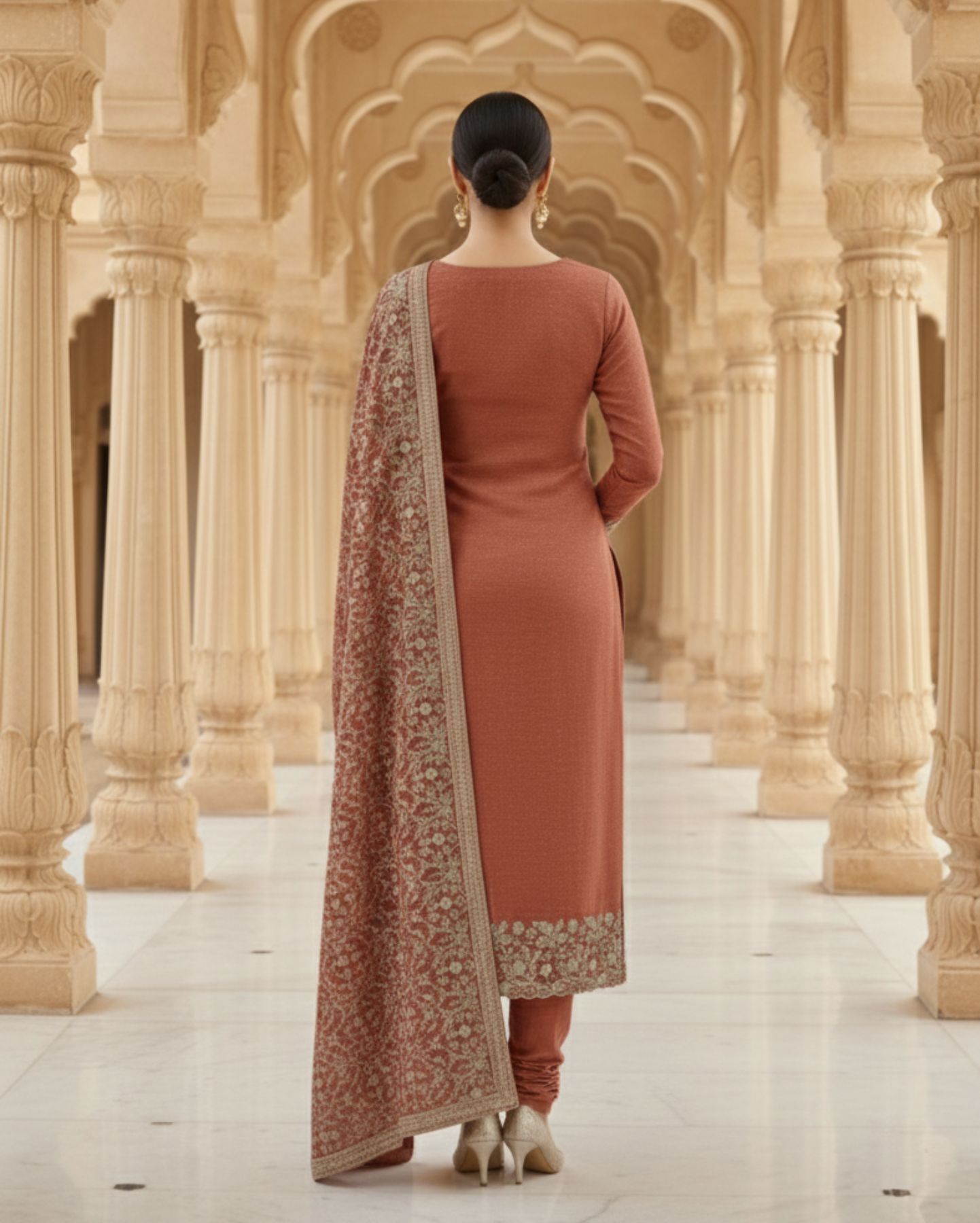 semi stitched deep wine red muslin silk suit embellished with scattered rhinestone butti and intricate golden zari embroidery