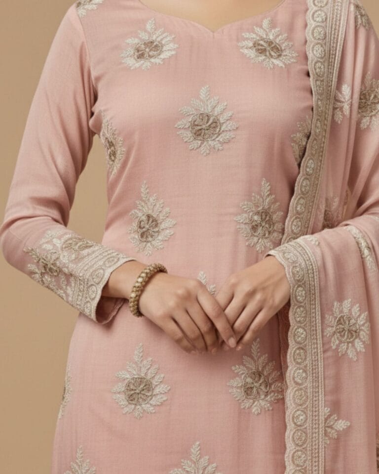unstitched dusty rose pink organza suit with delicate sequin floral embroidery