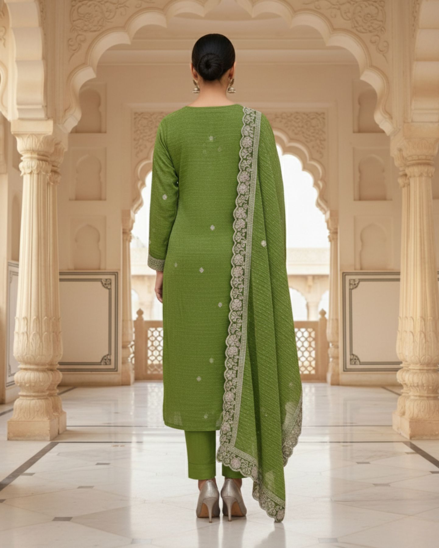 semi stitched a refreshing pista green organza suit with subtle shimmer and scattered stone embellishments