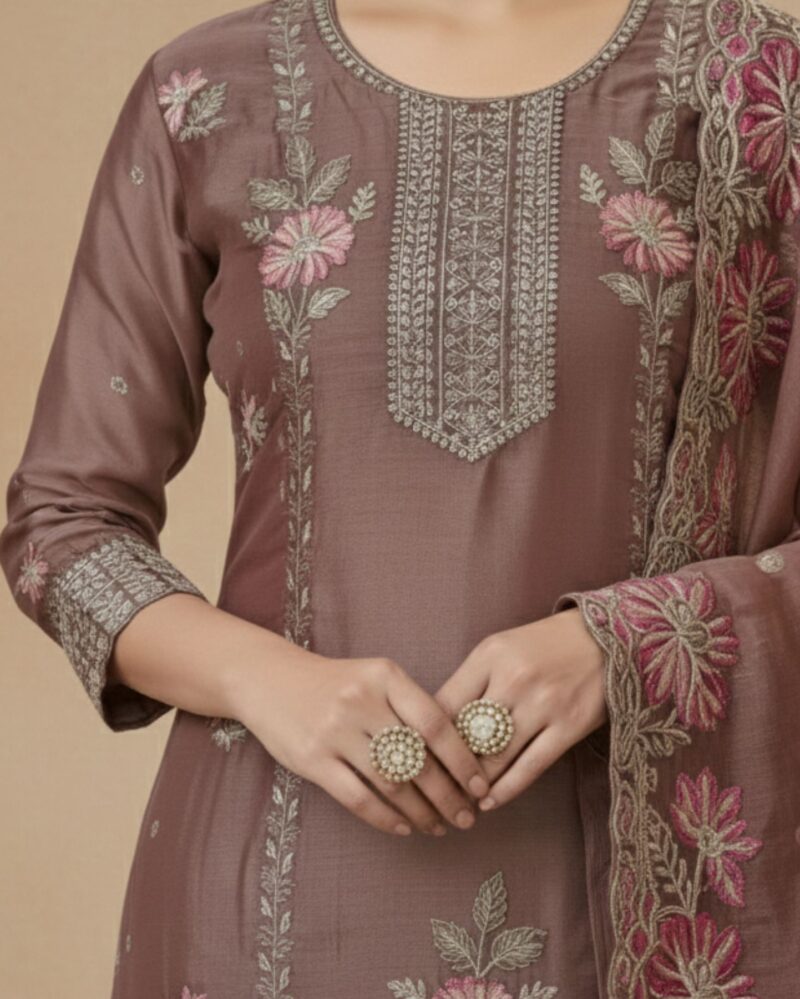 semi stitched champagne brown shimmer organza with multicoloured thread embroidery suit material