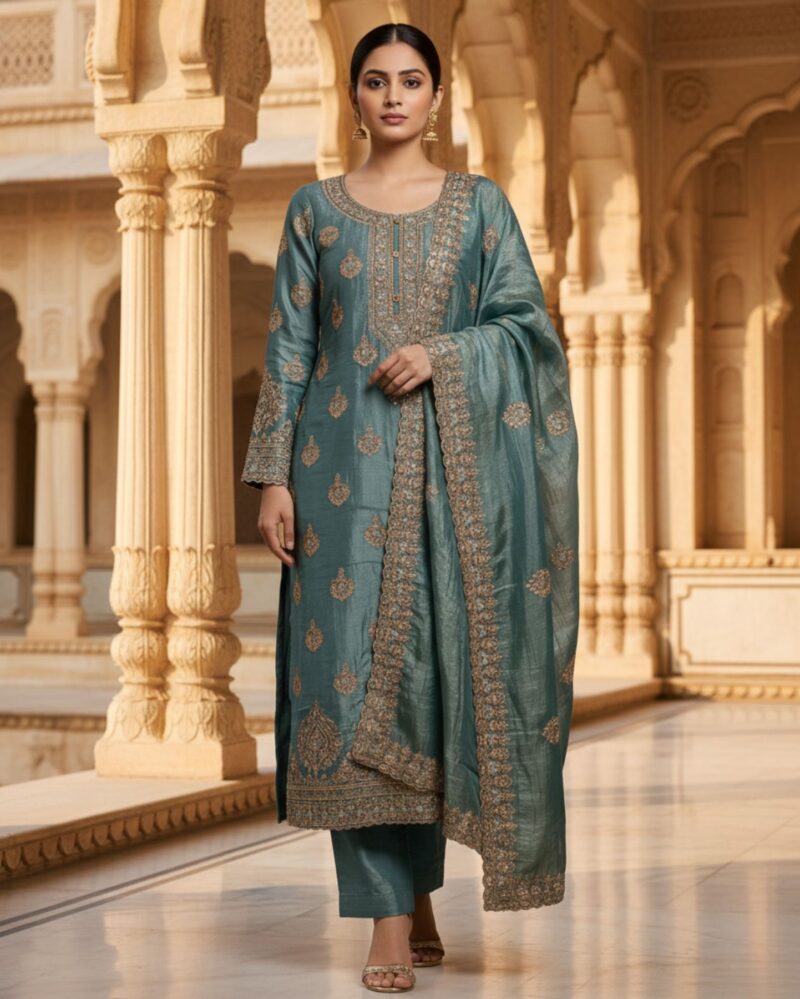 semi stitched soft organza silk in pistachio green with a gentle luminous sheen suit material