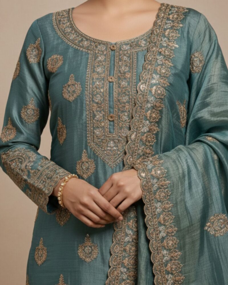 semi stitched soft organza silk in pistachio green with a gentle luminous sheen suit material