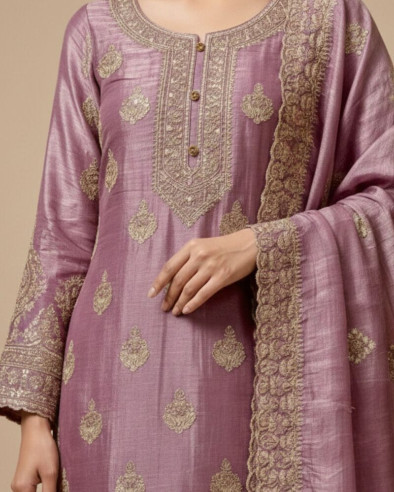 semi stitched shimmer organza silk in soft lavender suit material